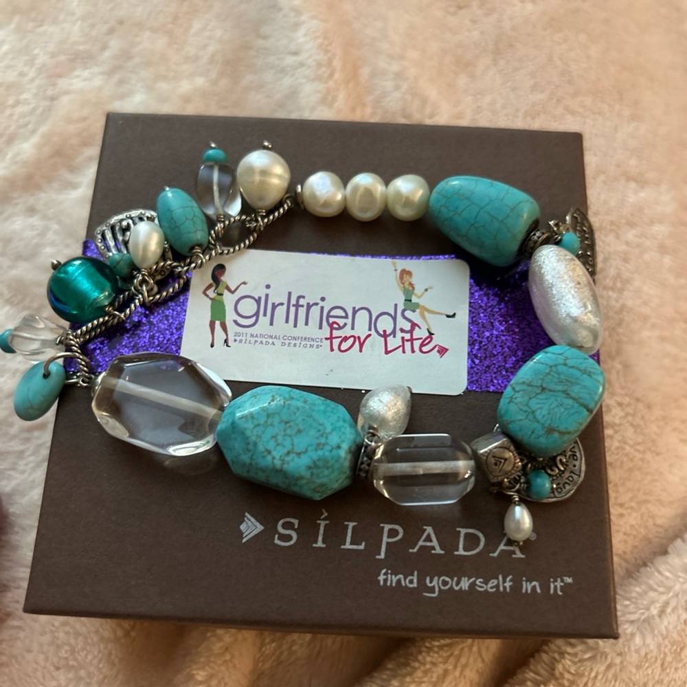 Rare Silpada Conference Turquoise, Pearl and Silver Stretch Bracelet 2011